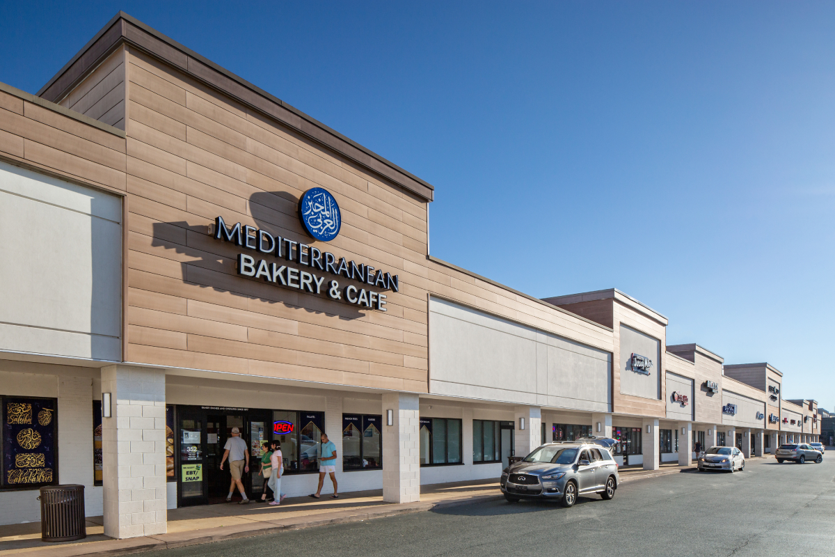 Mediterranean Bakery and Cafe and other storefronts at West End Village