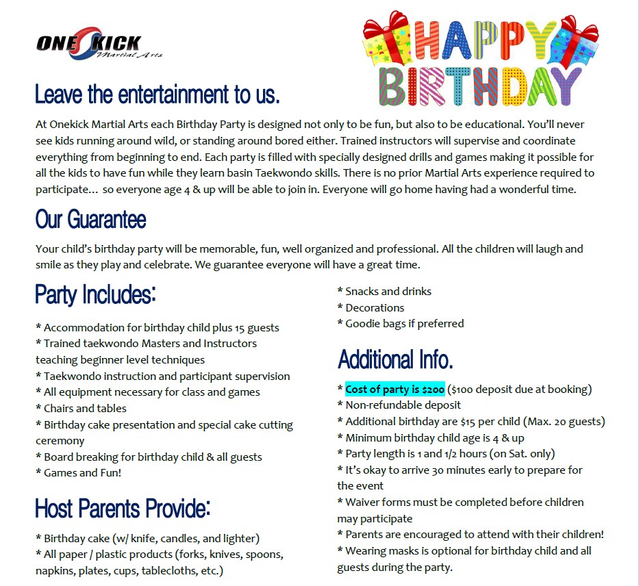 Birthday Party Special at OneKick Martial Arts! icon